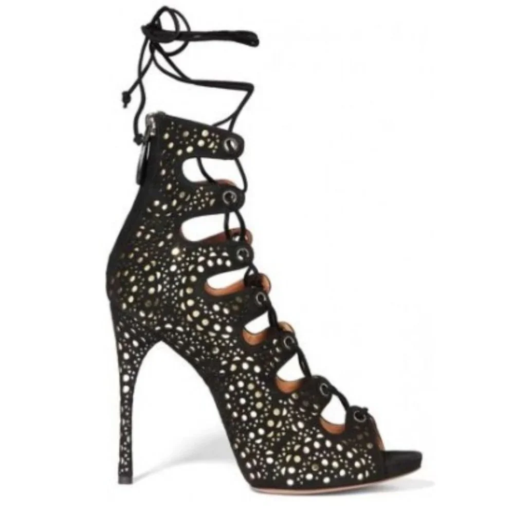 NEW ALAIA PARIS BLACK SUEDE LACE-UP PEEP TOE SANDALS / BOOTIES SZ 40 / 10 - Picture 2 of 9